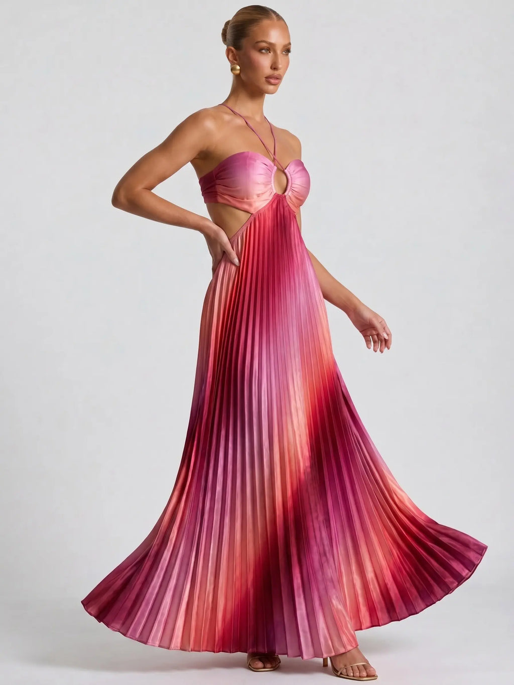 Likemychoice 2026 Halter Cutout Ombre Pleated Maxi Dress - Satin Party Vacation Gown