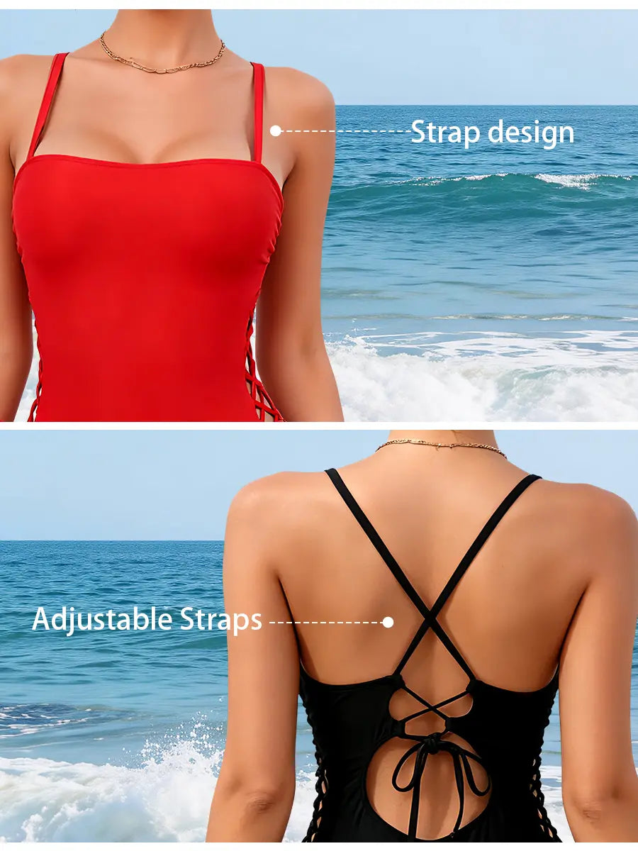 B2Prity Women One Piece Swimsuit Sexy Side Lace up Cutout Bathing Suit Adjustable Spaghetti Strap Tummy Control Monokini Swimwear