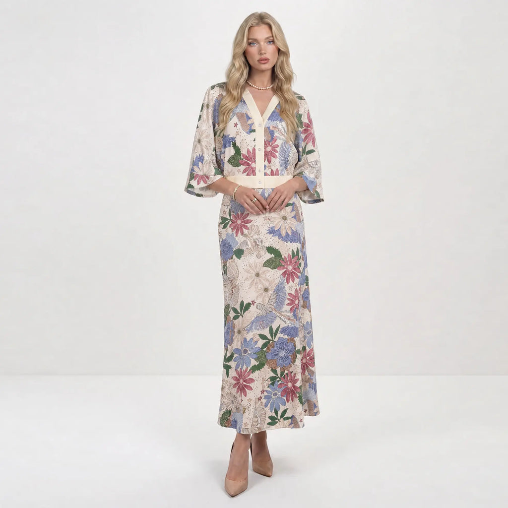 Likemychoice 2026 Women'S Exquisite Satin Floral Print 2-Piece Suit, V-Neck Button-Down Top & Midi Skirt - Elegant Casual Womenswear Clothes Outfit Set
