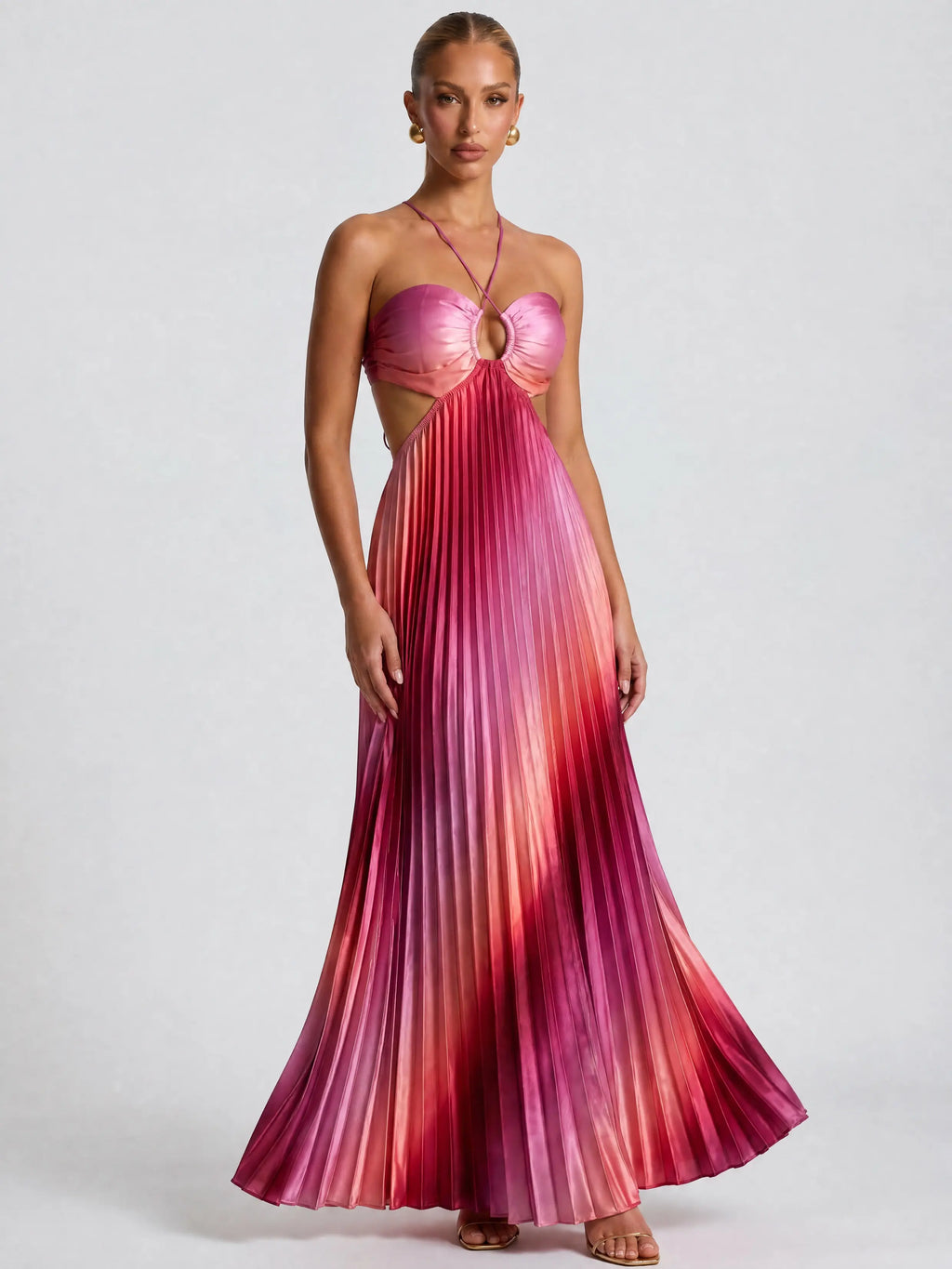 Likemychoice 2026 Halter Cutout Ombre Pleated Maxi Dress - Satin Party Vacation Gown