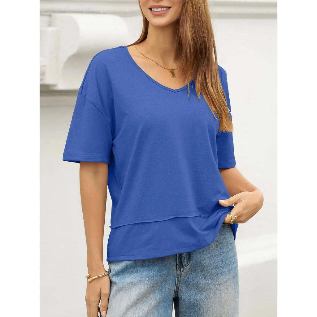 UNCLECAT Womens V Neck T Shirts Summer Trendy Short Sleeve Shirts Loose Casual Tops Tee