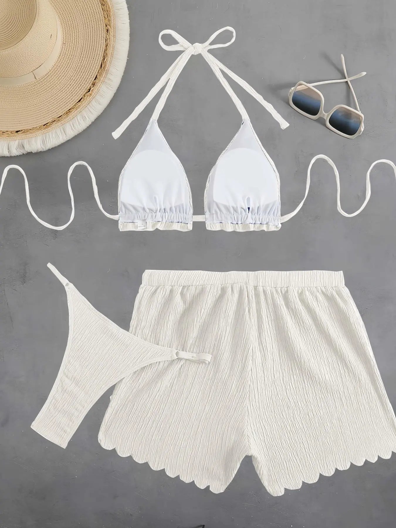 Three-Piece Set Women'S Solid Color Bikini Set, Casual Tie Back Swim Top & Swim Bottom & Cover up Shorts Set, Fashion Chic Ladies Bathing Suit for Beach Holiday Vacation, Bikini Top Shorts Combo, Summer Bikini Beach, Bikini Beach Wear