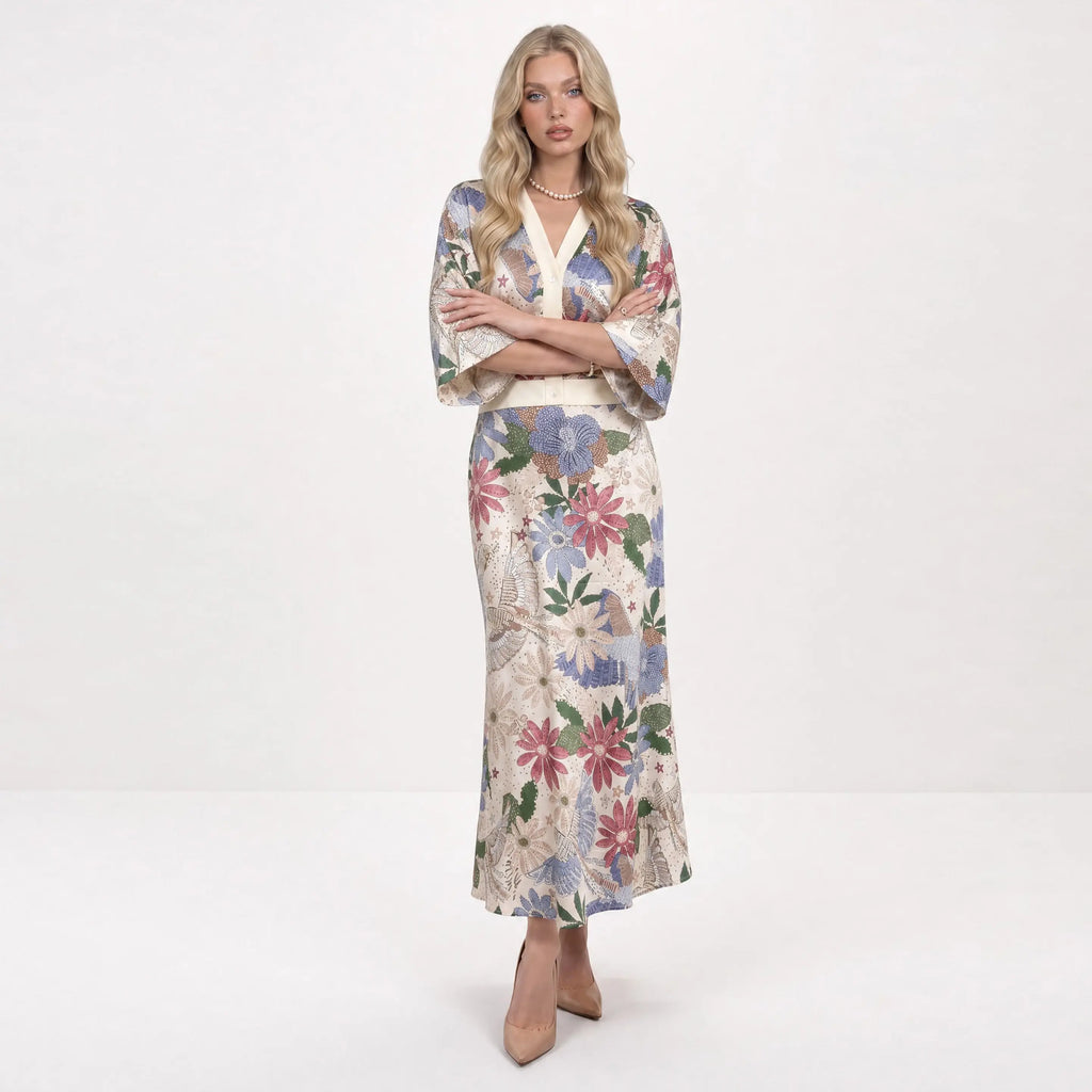 Likemychoice 2026 Women'S Exquisite Satin Floral Print 2-Piece Suit, V-Neck Button-Down Top & Midi Skirt - Elegant Casual Womenswear Clothes Outfit Set
