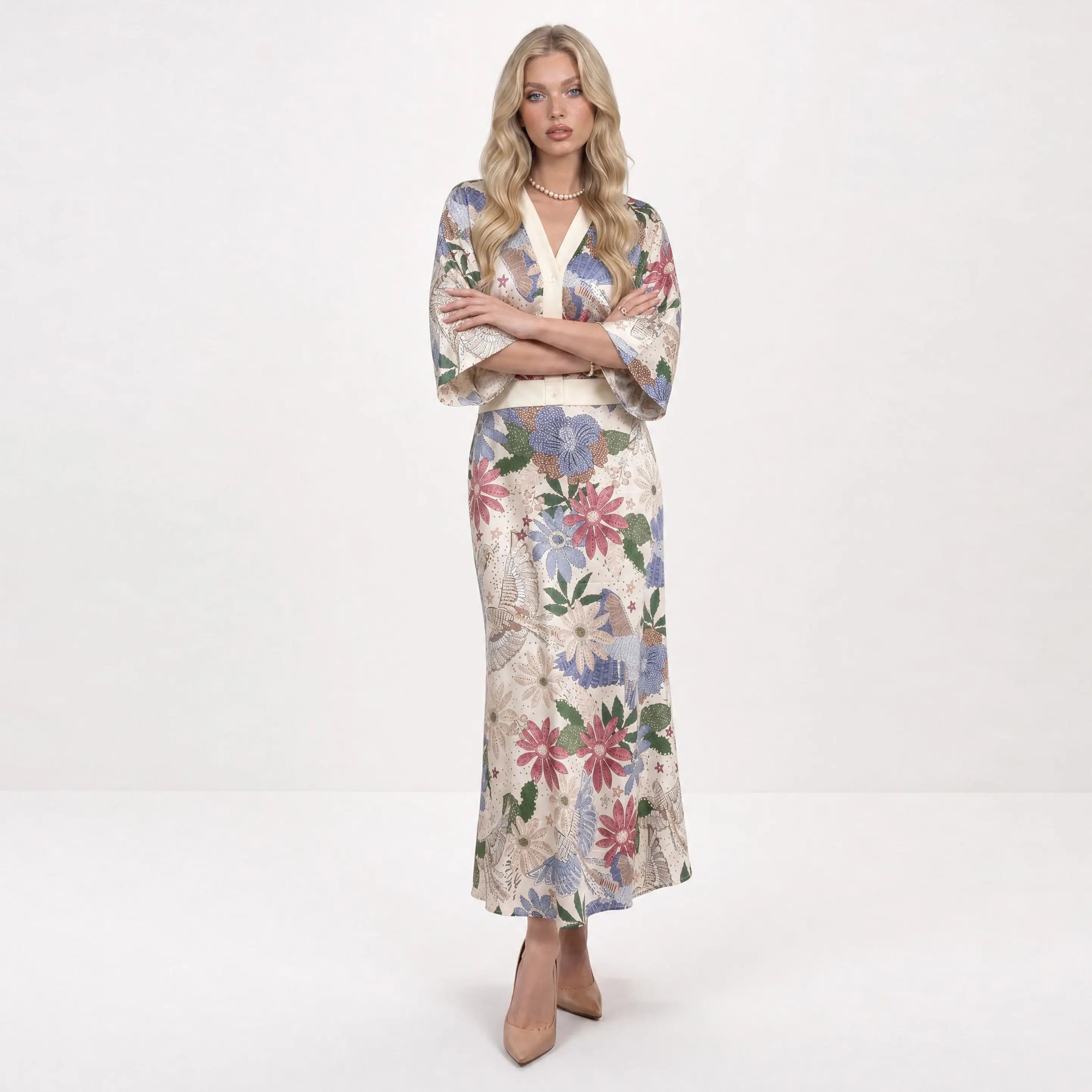 Likemychoice 2026 Women'S Exquisite Satin Floral Print 2-Piece Suit, V-Neck Button-Down Top & Midi Skirt - Elegant Casual Womenswear Clothes Outfit Set