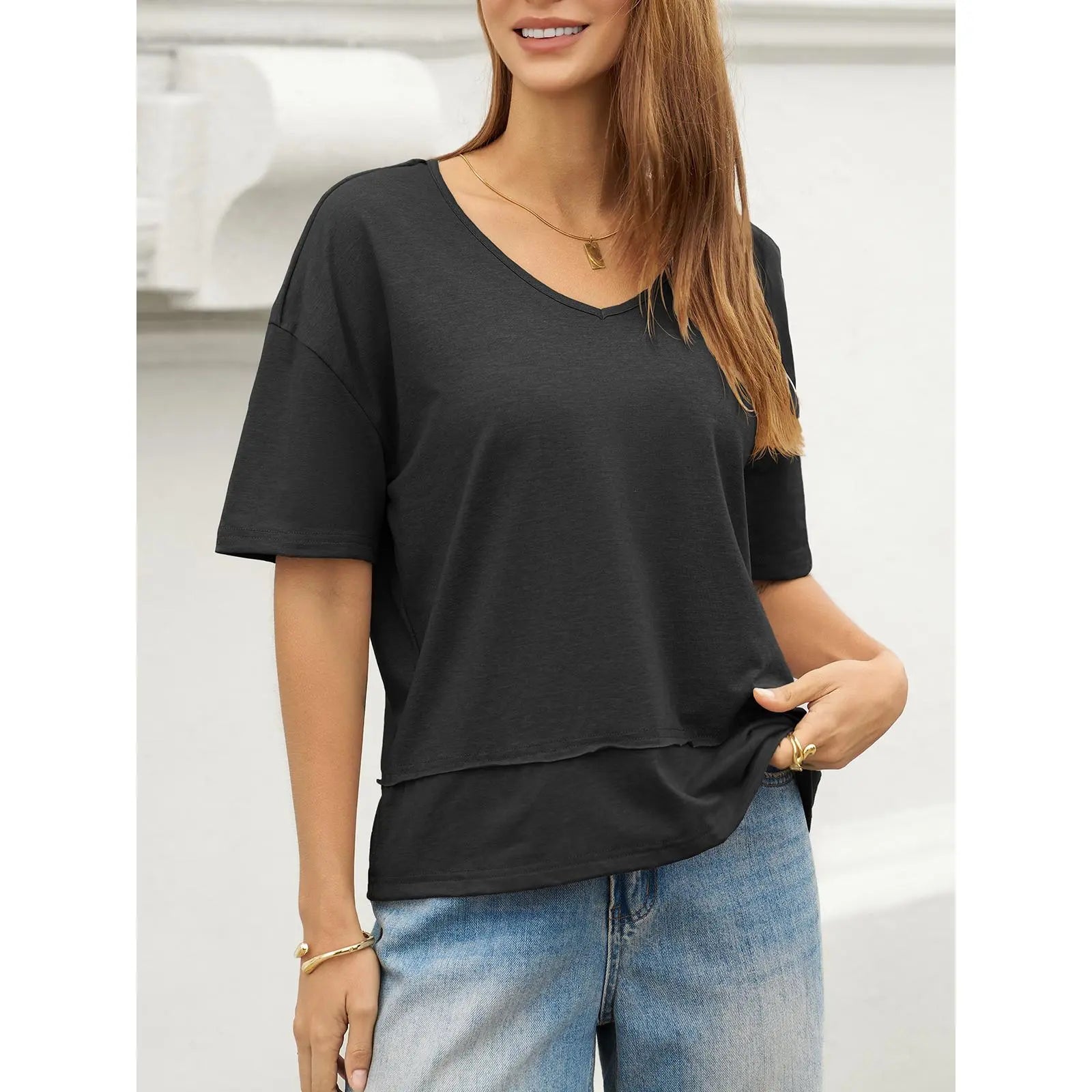 UNCLECAT Womens V Neck T Shirts Summer Trendy Short Sleeve Shirts Loose Casual Tops Tee