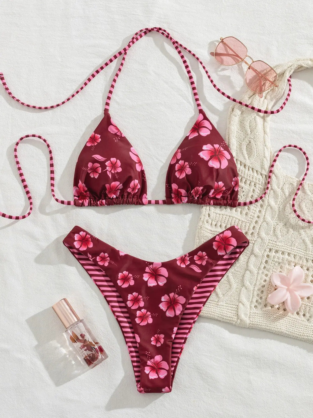 New Floral Print Halter Tie Bikini Set, Elegant Sexy Beachwear for Women, Summer Sand Fashion Lady Bikini, Casual All-Season Style, Bikinis Sets