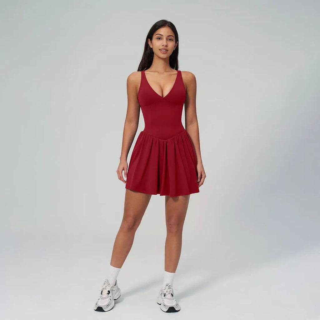 NVWA Women'S Summervibes Sexy V-Neck Strappy Sleeveless Athletic Cut Dress - Fitted Waist, Open-Back, Soft Stretch Nylon Fabric, Cooling Quick-Drying, Figure-Flattering for Casual Wear, Workouts, Dresses,Summerwins
