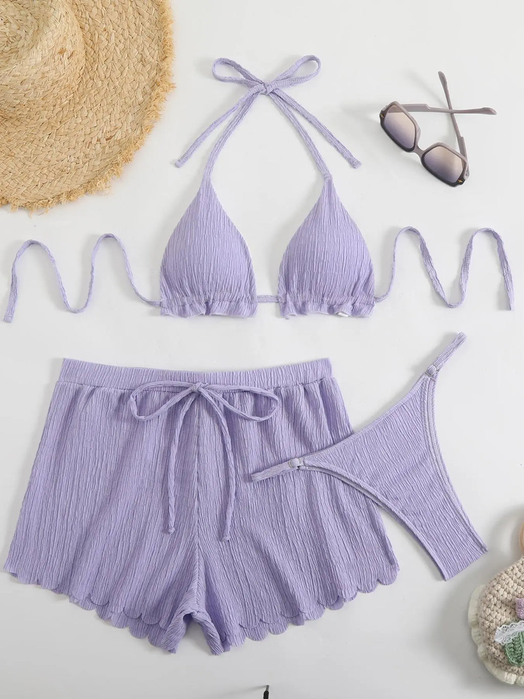 Three-Piece Set Women'S Solid Color Bikini Set, Casual Tie Back Swim Top & Swim Bottom & Cover up Shorts Set, Fashion Chic Ladies Bathing Suit for Beach Holiday Vacation, Bikini Top Shorts Combo, Summer Bikini Beach, Bikini Beach Wear