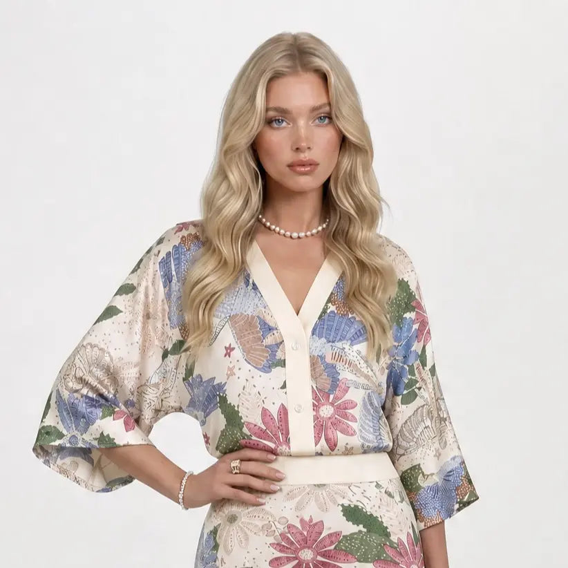 Likemychoice 2026 Women'S Exquisite Satin Floral Print 2-Piece Suit, V-Neck Button-Down Top & Midi Skirt - Elegant Casual Womenswear Clothes Outfit Set