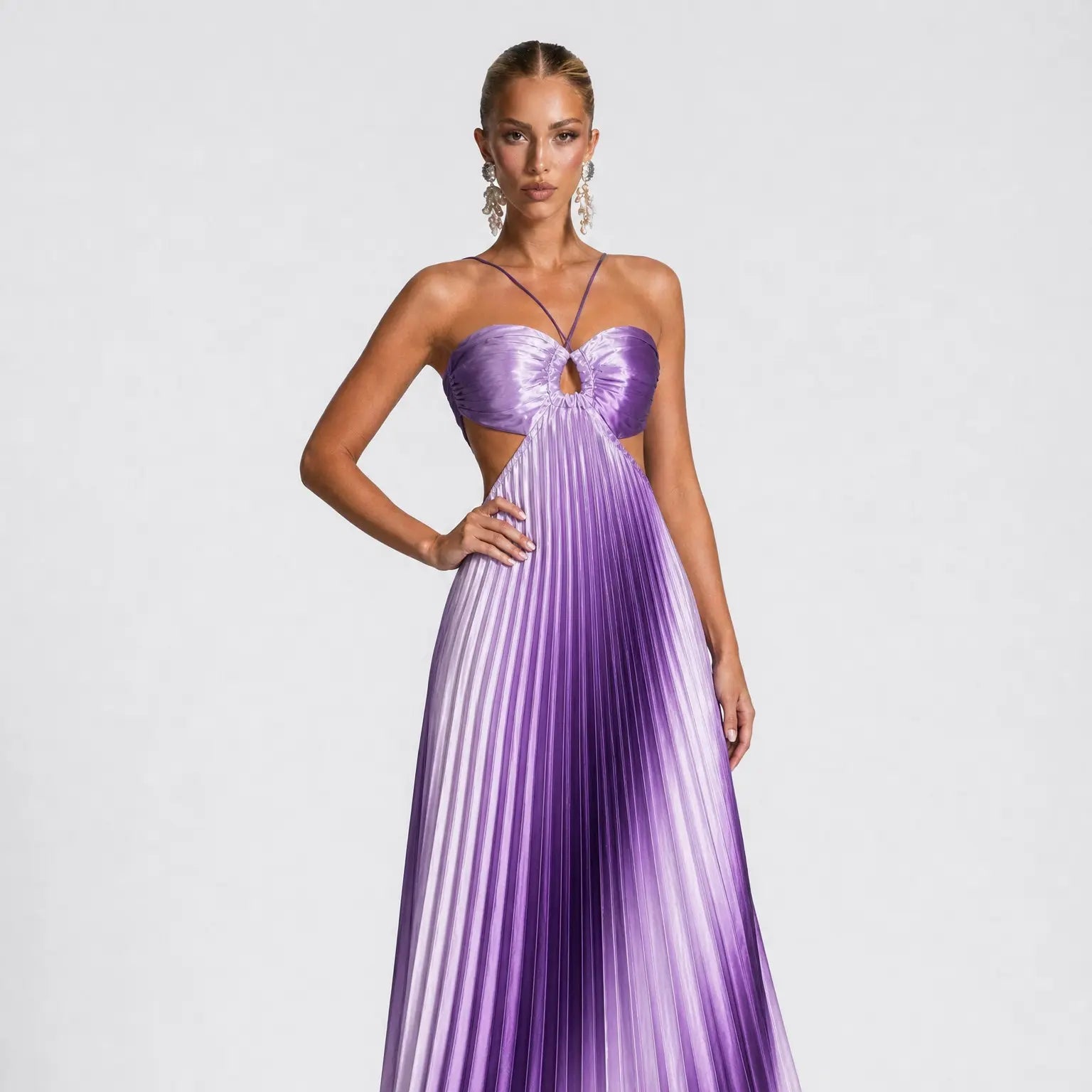 Likemychoice 2026 Halter Cutout Ombre Pleated Maxi Dress - Satin Party Vacation Gown