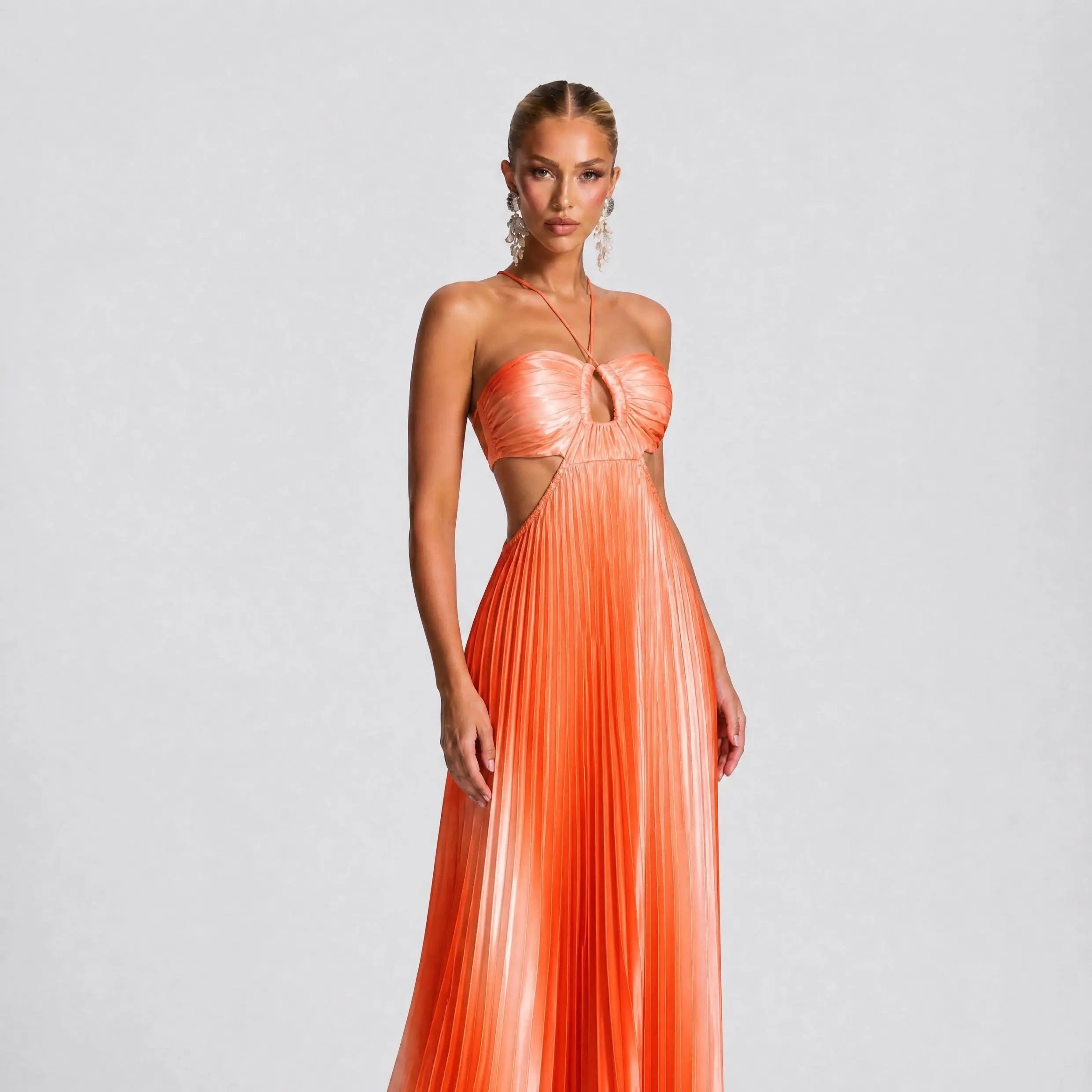 Likemychoice 2026 Halter Cutout Ombre Pleated Maxi Dress - Satin Party Vacation Gown