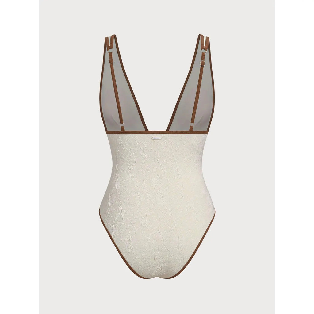 Off White V Neck Tie One-Piece Swimsuit, One Piece Swimsuits