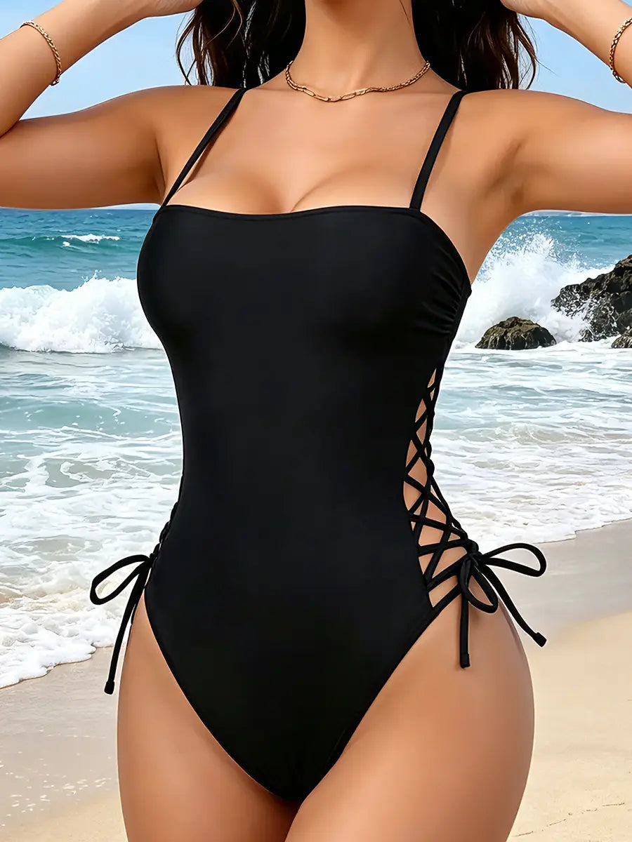 B2Prity Women One Piece Swimsuit Sexy Side Lace up Cutout Bathing Suit Adjustable Spaghetti Strap Tummy Control Monokini Swimwear