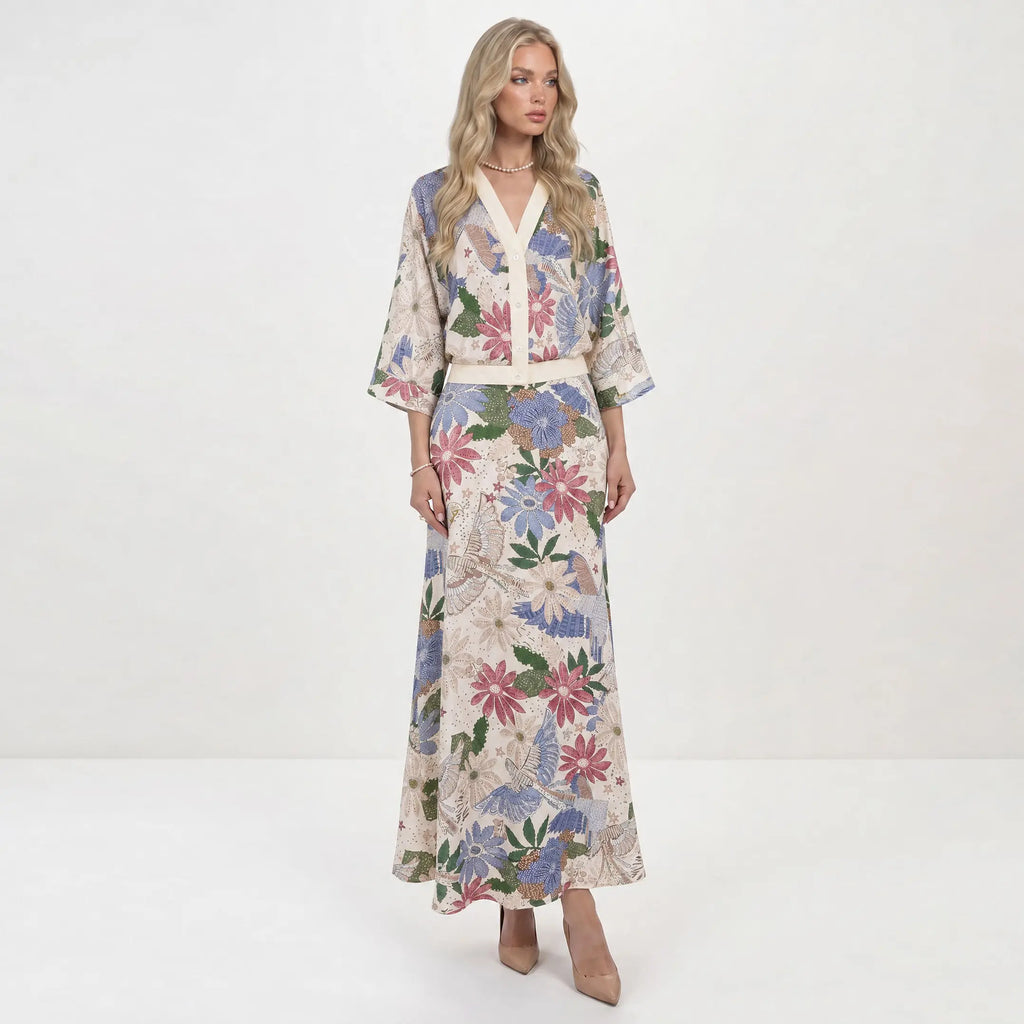 Likemychoice 2026 Women'S Exquisite Satin Floral Print 2-Piece Suit, V-Neck Button-Down Top & Midi Skirt - Elegant Casual Womenswear Clothes Outfit Set
