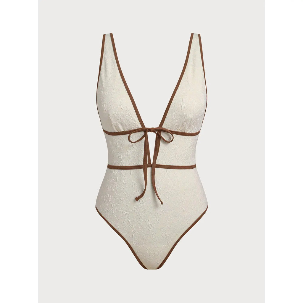 Off White V Neck Tie One-Piece Swimsuit, One Piece Swimsuits