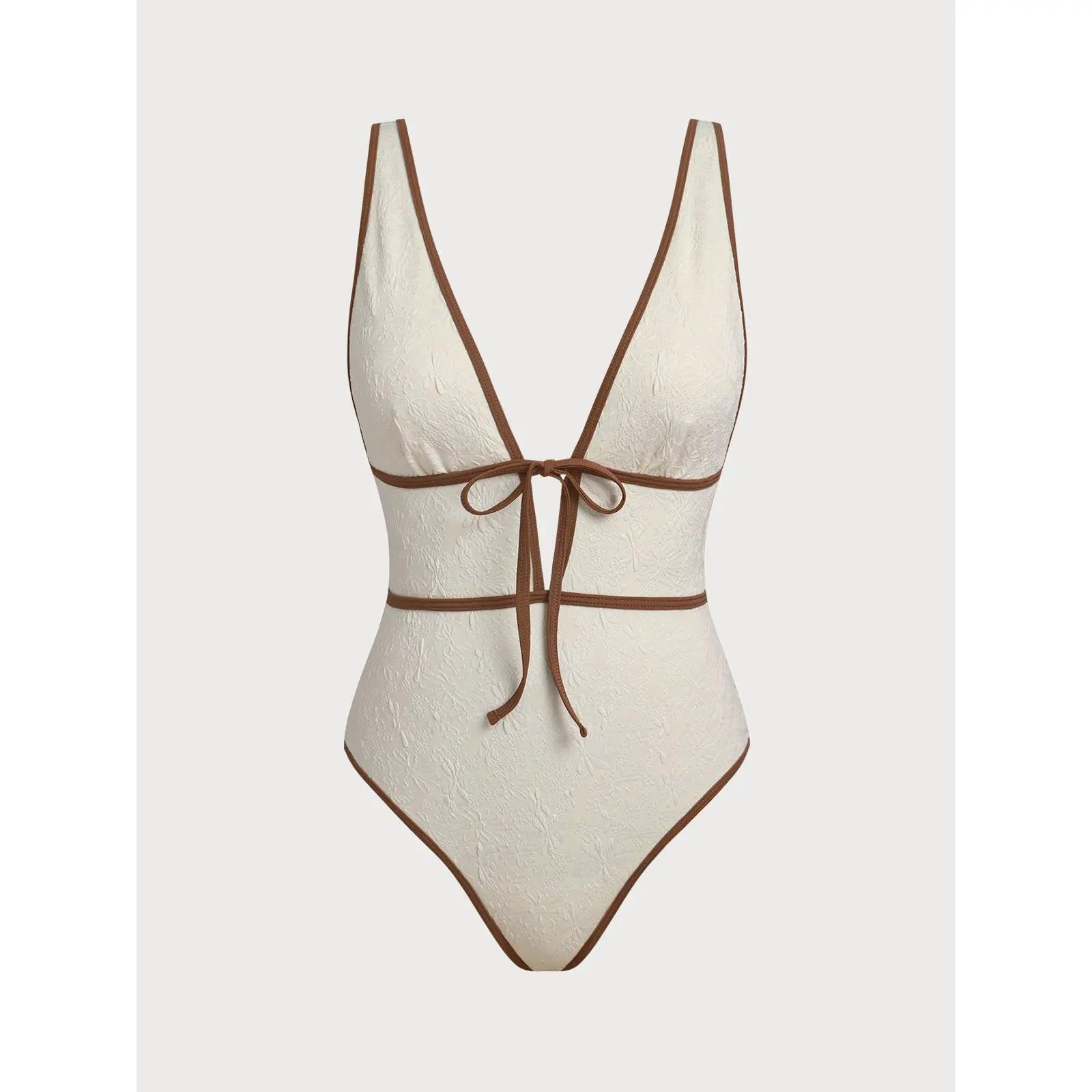 Off White V Neck Tie One-Piece Swimsuit, One Piece Swimsuits