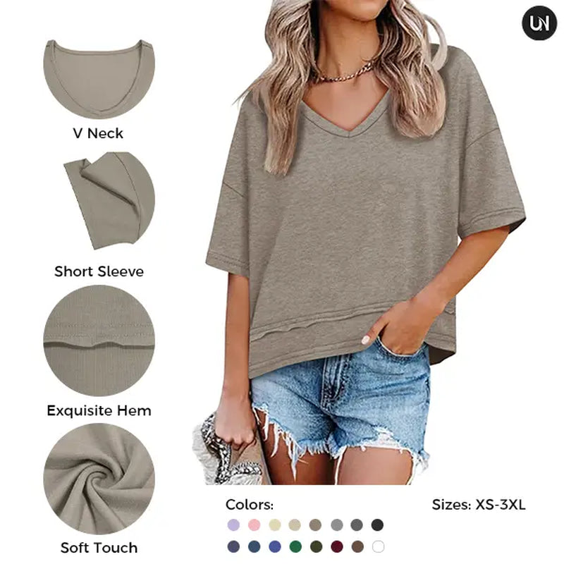 UNCLECAT Womens V Neck T Shirts Summer Trendy Short Sleeve Shirts Loose Casual Tops Tee