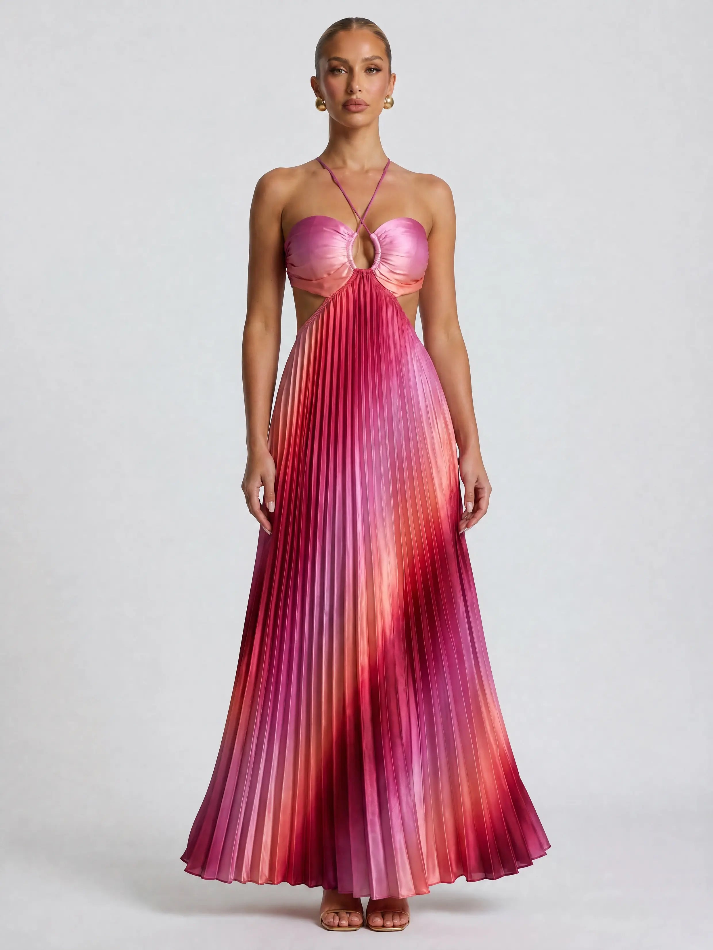 Likemychoice 2026 Halter Cutout Ombre Pleated Maxi Dress - Satin Party Vacation Gown