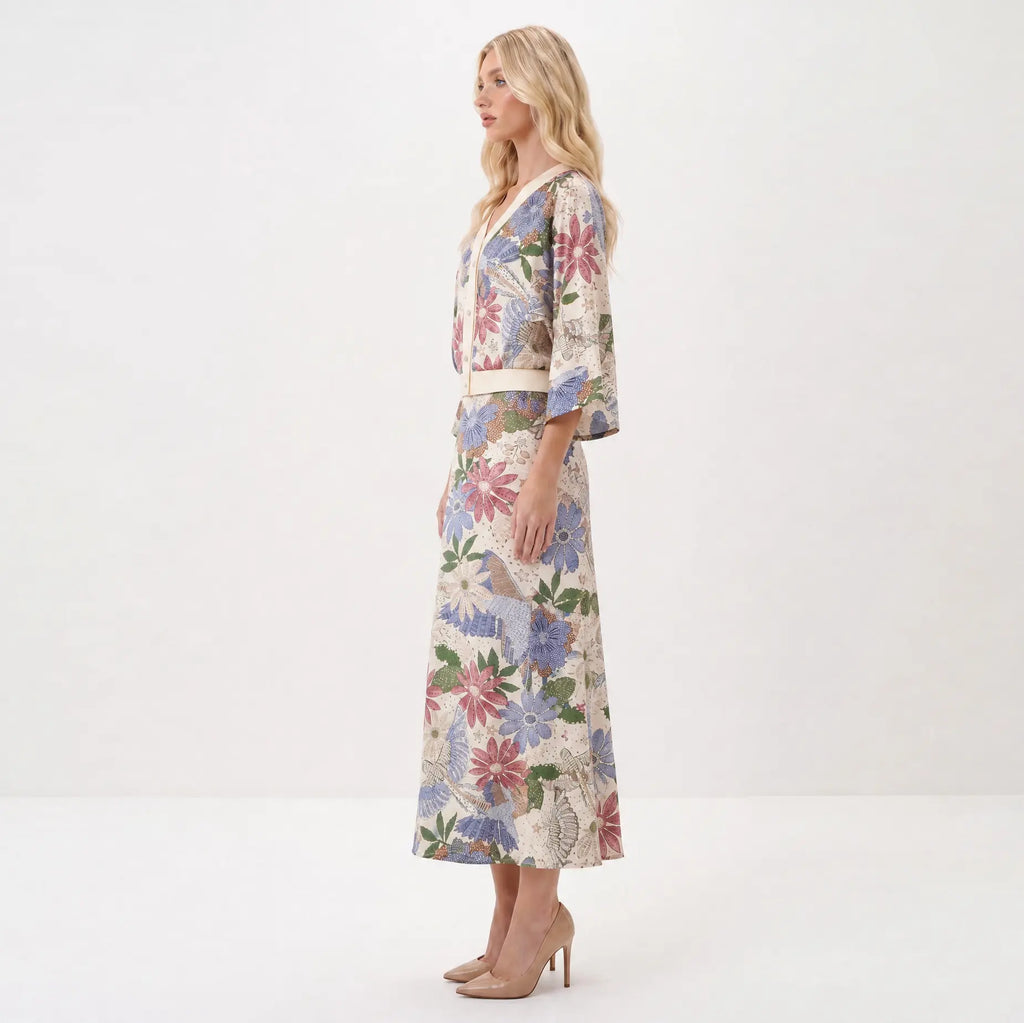 Likemychoice 2026 Women'S Exquisite Satin Floral Print 2-Piece Suit, V-Neck Button-Down Top & Midi Skirt - Elegant Casual Womenswear Clothes Outfit Set