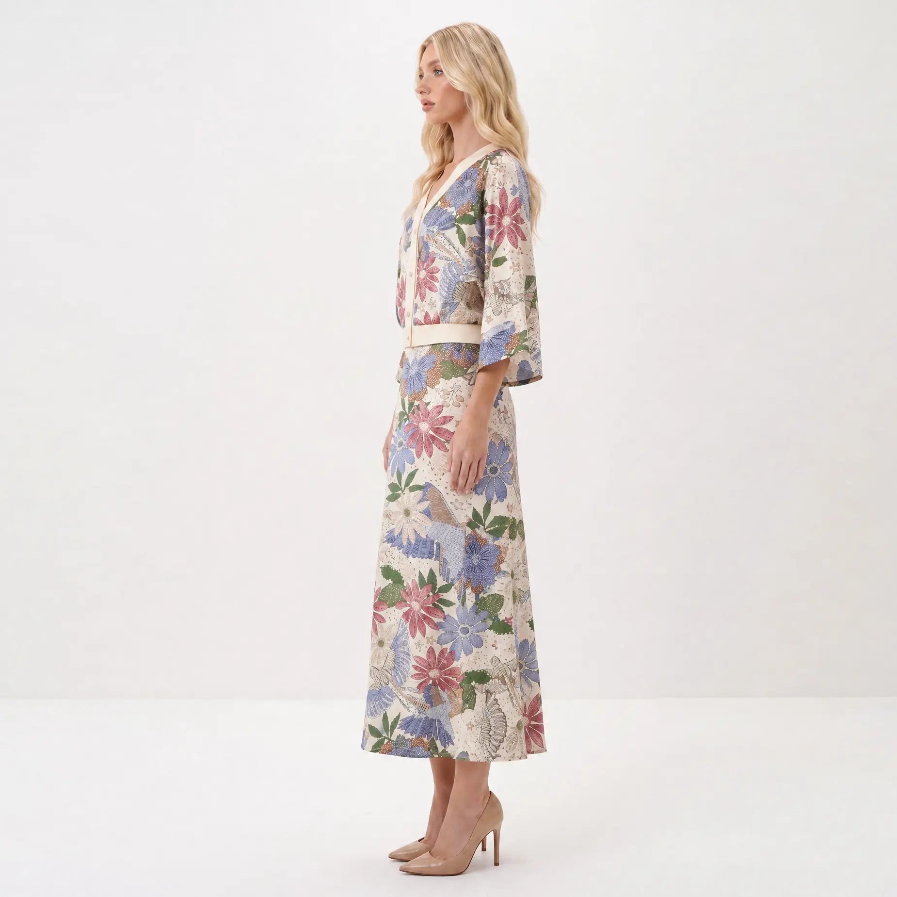 Likemychoice 2026 Women'S Exquisite Satin Floral Print 2-Piece Suit, V-Neck Button-Down Top & Midi Skirt - Elegant Casual Womenswear Clothes Outfit Set