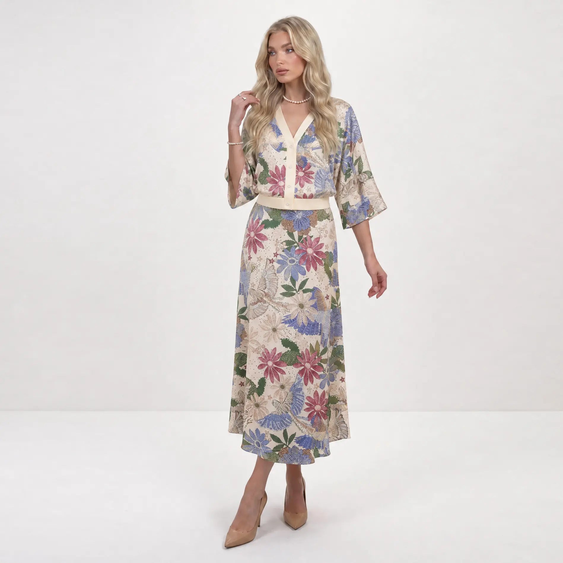 Likemychoice 2026 Women'S Exquisite Satin Floral Print 2-Piece Suit, V-Neck Button-Down Top & Midi Skirt - Elegant Casual Womenswear Clothes Outfit Set