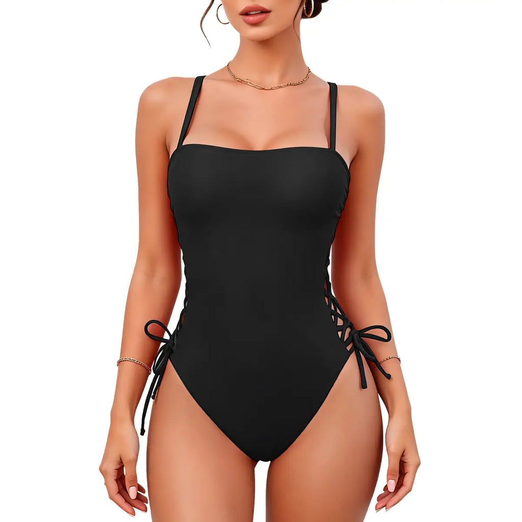 B2Prity Women One Piece Swimsuit Sexy Side Lace up Cutout Bathing Suit Adjustable Spaghetti Strap Tummy Control Monokini Swimwear