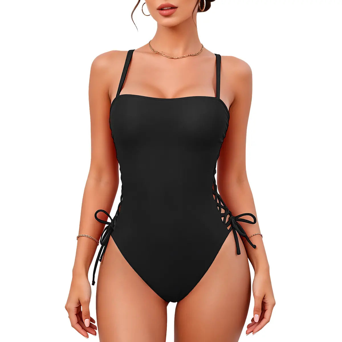 B2Prity Women One Piece Swimsuit Sexy Side Lace up Cutout Bathing Suit Adjustable Spaghetti Strap Tummy Control Monokini Swimwear
