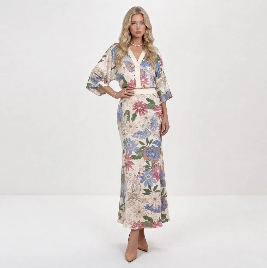 Likemychoice 2026 Women'S Exquisite Satin Floral Print 2-Piece Suit, V-Neck Button-Down Top & Midi Skirt - Elegant Casual Womenswear Clothes Outfit Set
