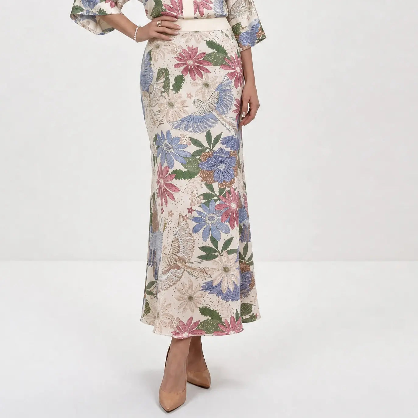 Likemychoice 2026 Women'S Exquisite Satin Floral Print 2-Piece Suit, V-Neck Button-Down Top & Midi Skirt - Elegant Casual Womenswear Clothes Outfit Set